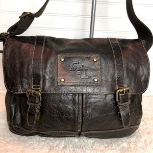 Florida State Gridiron Brown Leather Messenger Book Laptop Bag Seatbelt Strap